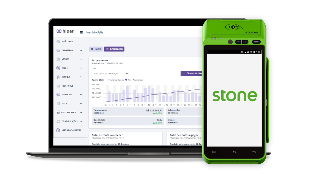 Sistema Hiper no notebook com maquininha Stone integrada